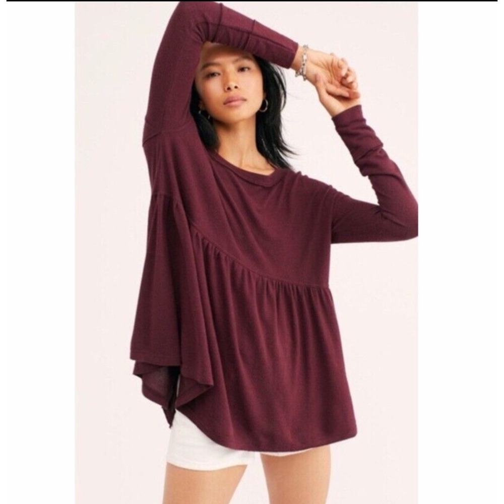 Free People Forever Your Girl Babydoll Tunic Top Burgundy S‎ Boho Fairy Cottage